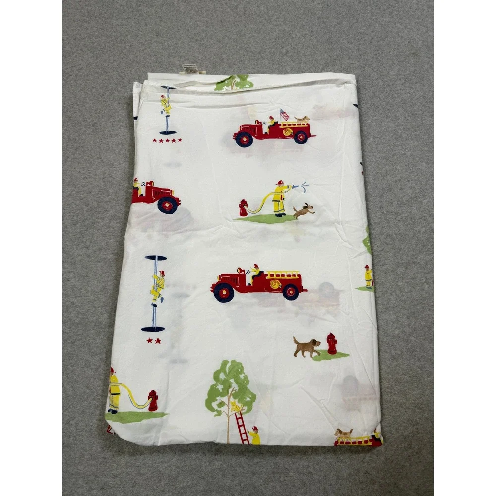 Pottery Barn Kids Firefighter Fire Truck Twin Flat Sheet Cotton White Red